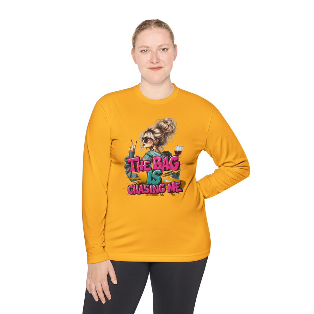 Unisex Long Sleeve Tee - The Bag is Chasing Me, Trendy Shirt, Fashion Gift, Casual Wear, Fun Graphic Tee, Gift for Friends